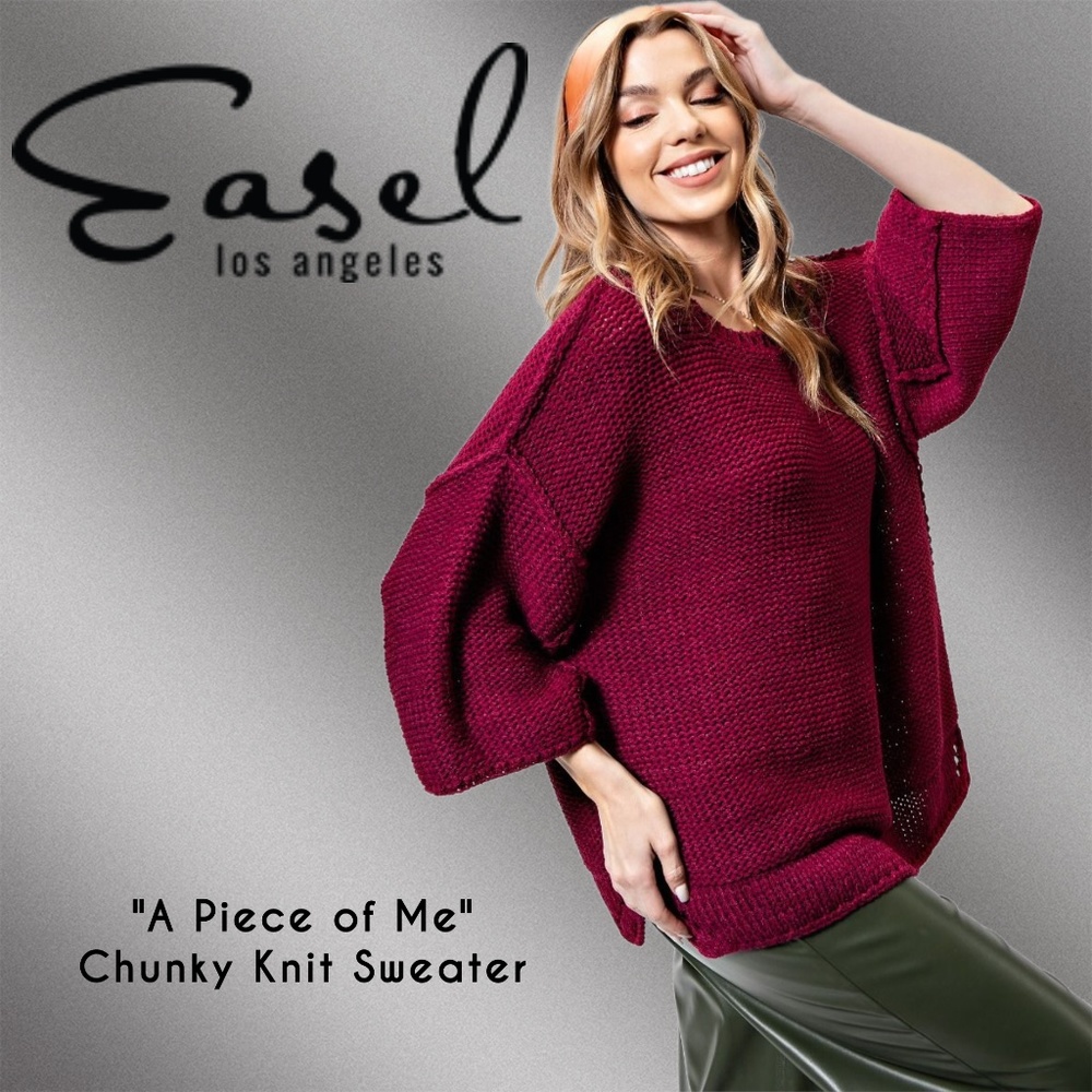 EASEL "A Piece of Me" Chunky Knit 3/4 Wide Dolman Sleeves Oversized Boxy Sweater